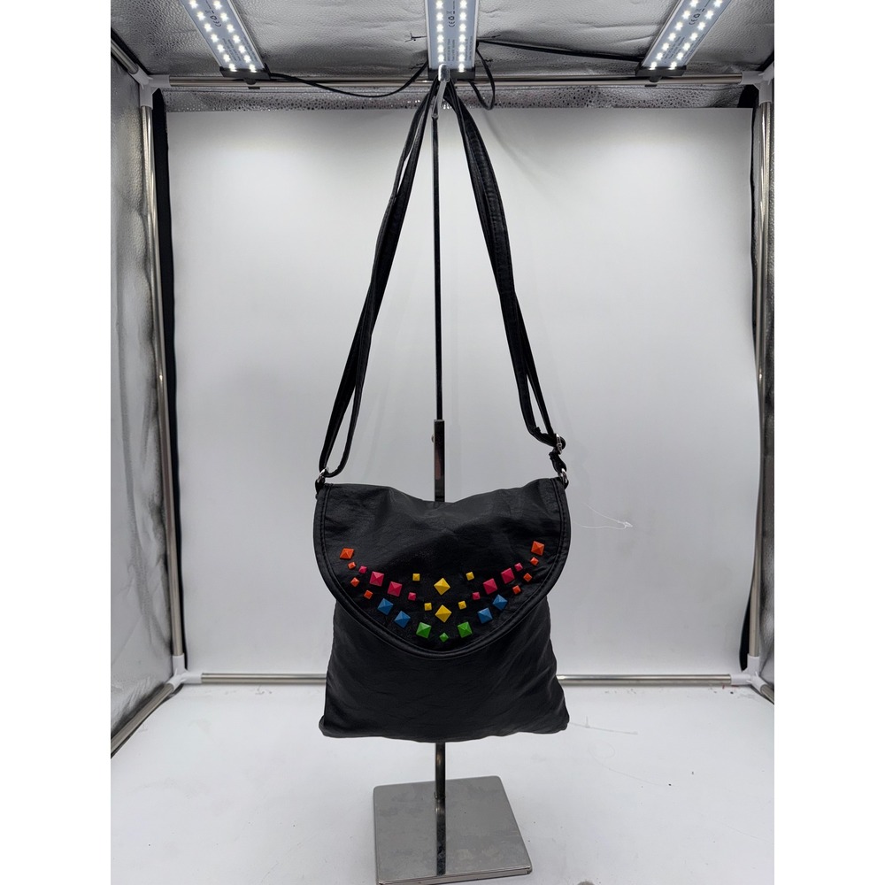 Joe Boxer Black Faux Leather Rainbow Studded Crossbody Bag Adjustable Strap